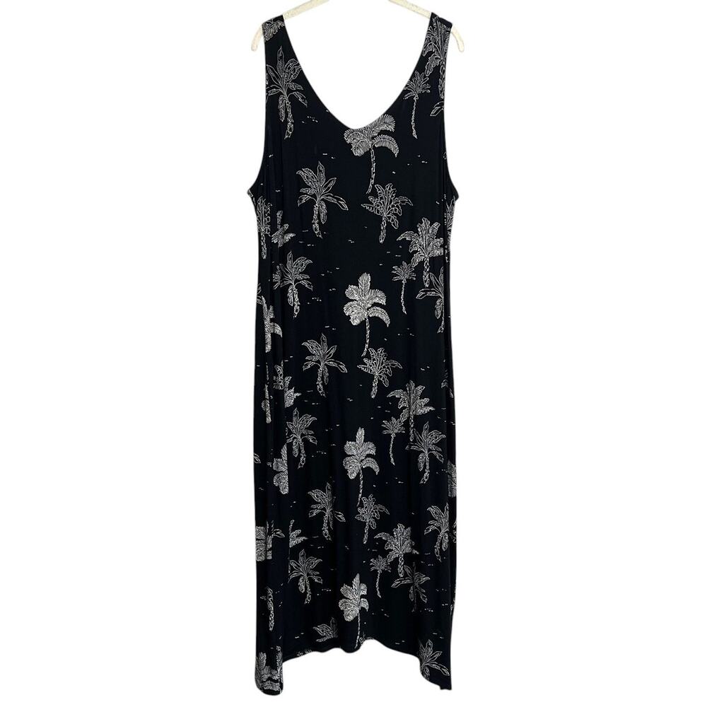 J Jill Wearever Tropical Palm Print Maxi Tank Dress Large Black White Stretch